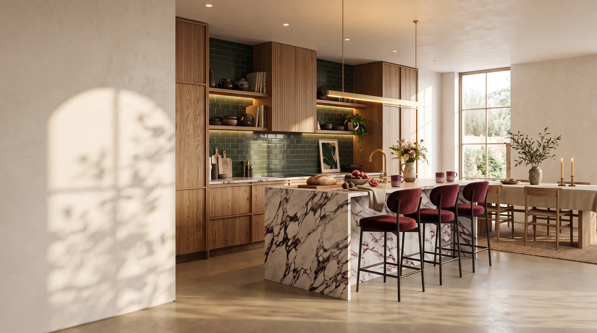 An open kitchen with a marble island, fluted oak cabinets, deep green tiles and bordeaux velvet stools in low sun
