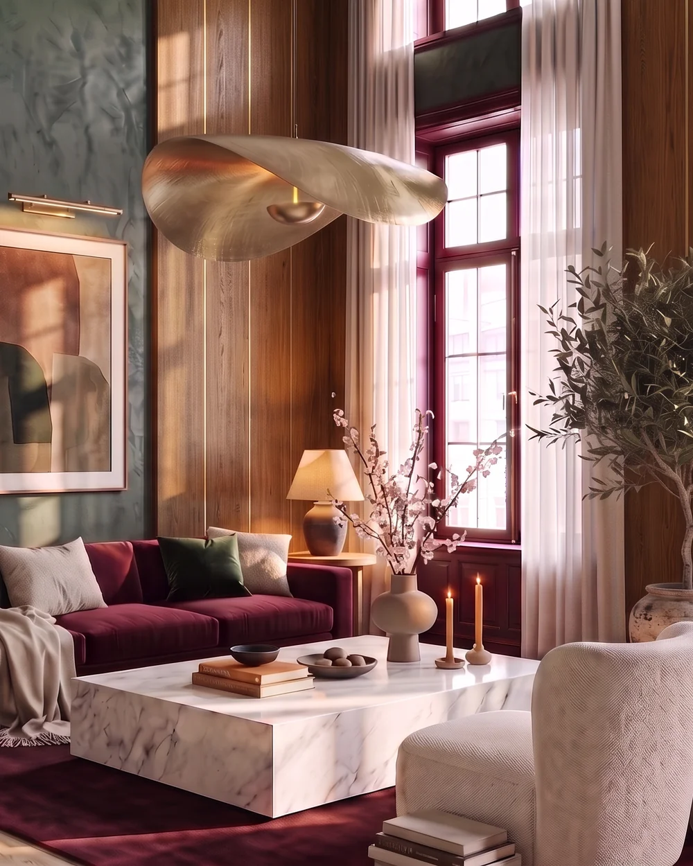 A finished living room: bordeaux velvet sofa, marble table, oak panelling, daylight